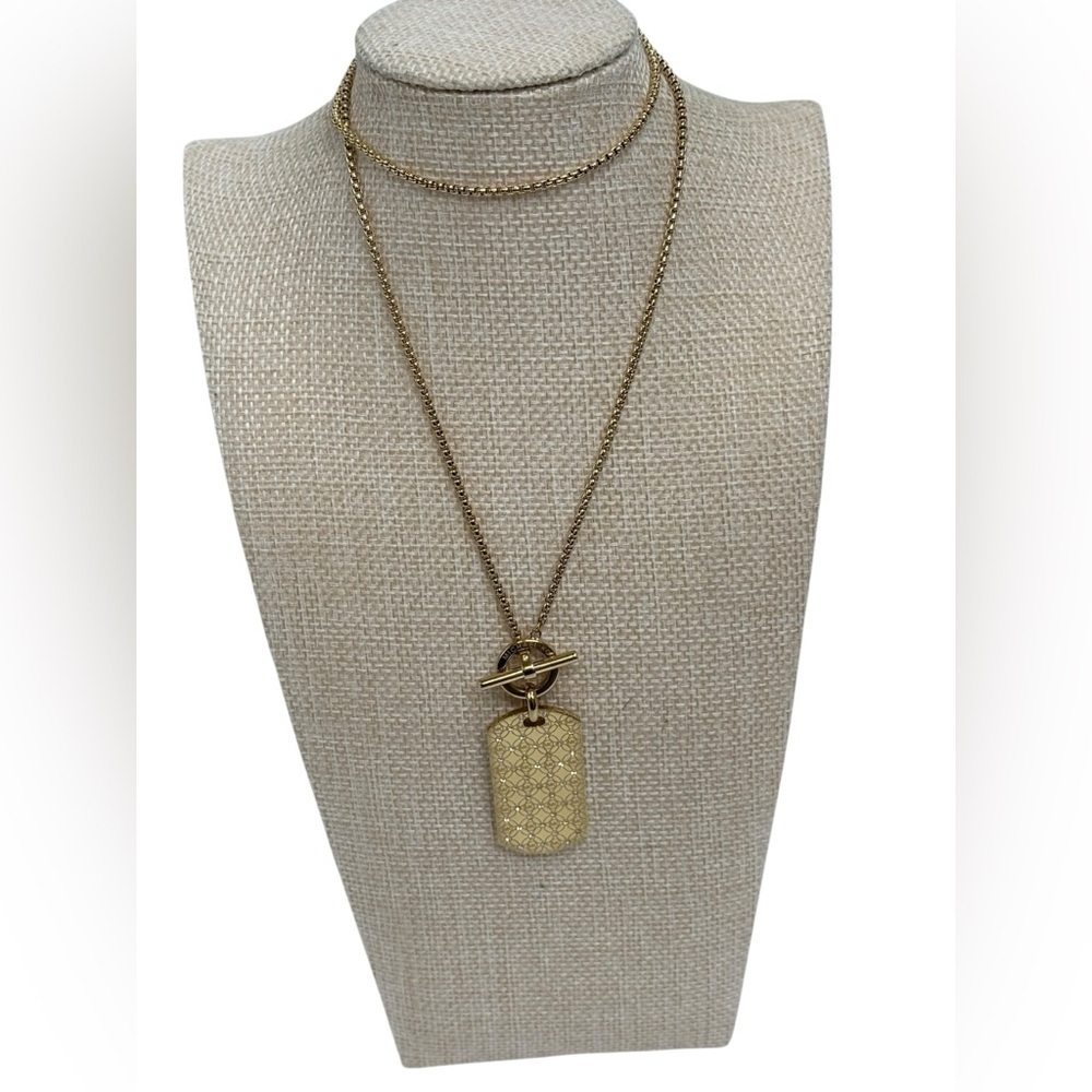 Michael Kors Gold Charm Mk Monogram rhinestone Dog Tag Pendant toggle Necklace